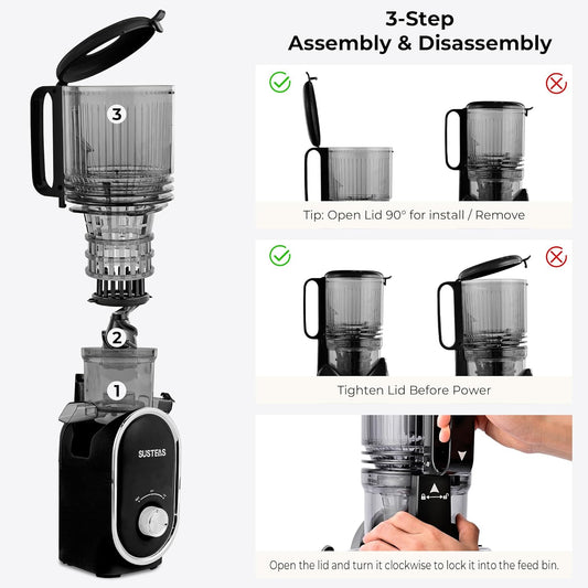 SUSTEAS Cold Press Juicer, 300W, 5.3" Large Feed Chute, 1.5L Capacity, Automatic Feeding, High Yield, Easy to Clean, Ideal for Whole Fruits & Vegetables, Black