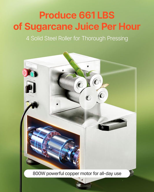 VEVOR Commercial Sugar Cane Juicer, 800W Electric Sugarcane Juicer Machine with 661LBS/H High Output, 4 Stainless Steel Rollers, Sugar Cane Press Juice Extractor Squeezer for Home/Commercial Use