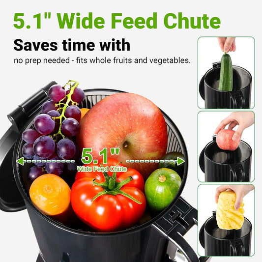 Ventray Cold Press Juicer, 5.1'' Extra Large Feed Chute Slow Masticating Juicer Machine for Whole Vegetables & Fruits, 250w, High Juice Yield, Easy to Clean with Brush, Great for Batch Juicing