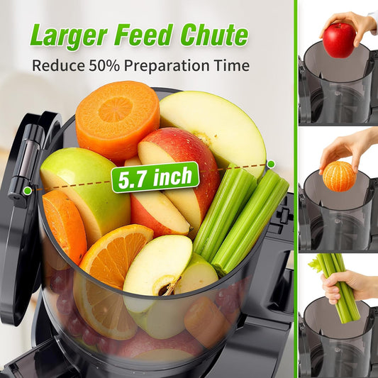 VENNXE Cold Press Juicer, Masticating Juicer with 5.7" Large Feed Chute for Whole Vegetables and Fruits, Dual Auger Juice Extractor Machines for High Juice Yield, Easy to Clean and Assemble, Black